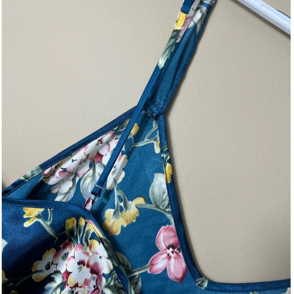Inner Most Floral Satin Chemise‎ Slip Dress Teal Blue Medium Cottagecore 90's